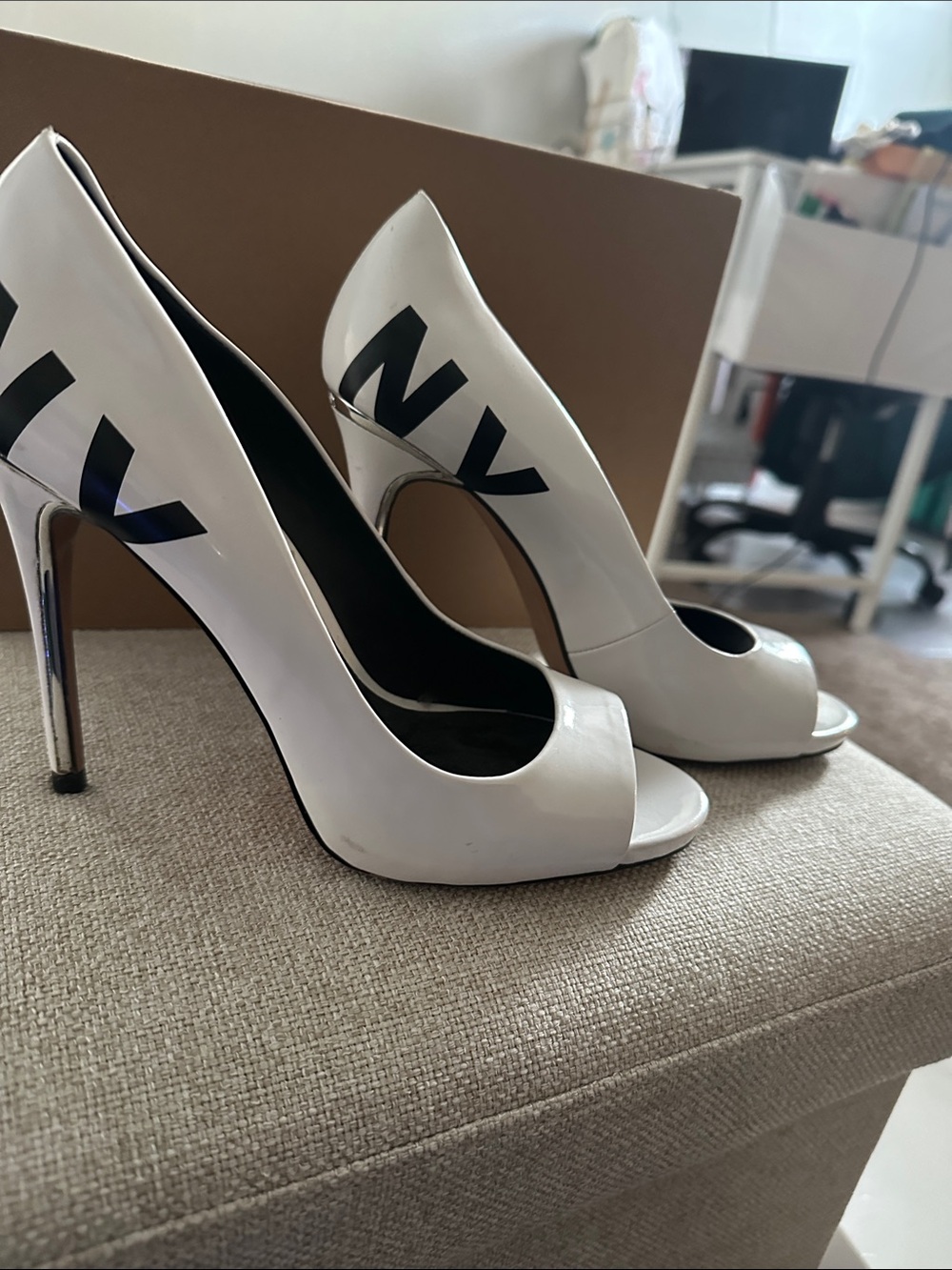 DKNY White Patent Peep-Toe Stiletto Heels with Black NY Accent